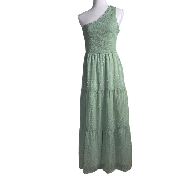 Zattcas One shoulder Sage Green Maxi Dress Smocked top Swiss Dot skirt Size L - Picture 3 of 9